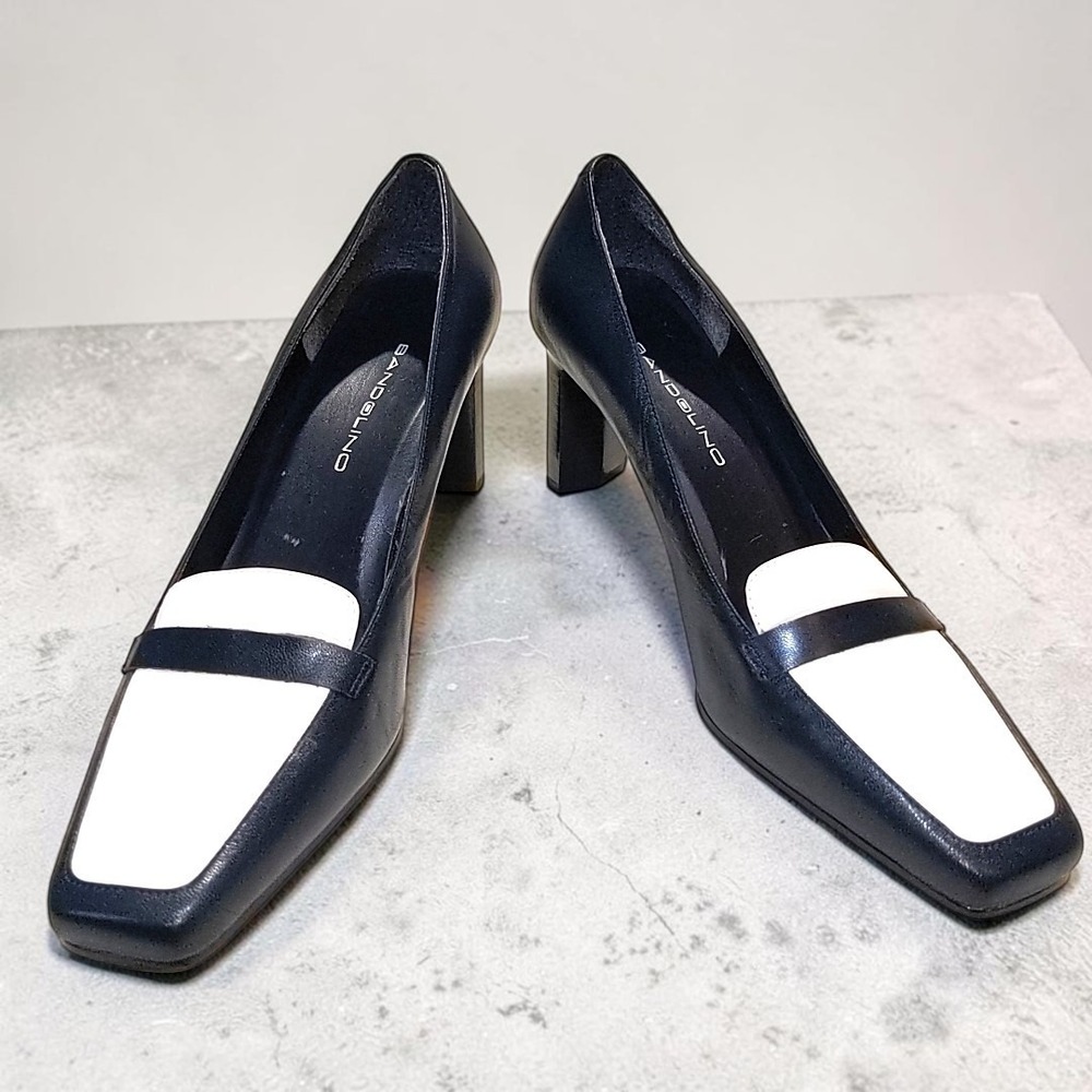 VTG Bandolino Two Tone Loafer Pumps 8.5 Womens Black White Square Toe Heel 90s